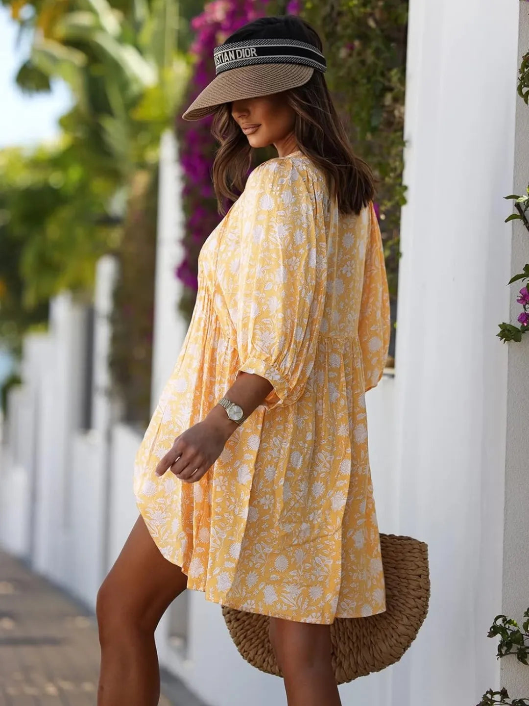 Women's V Neck Half Sleeve Floral Tunic Short Dress