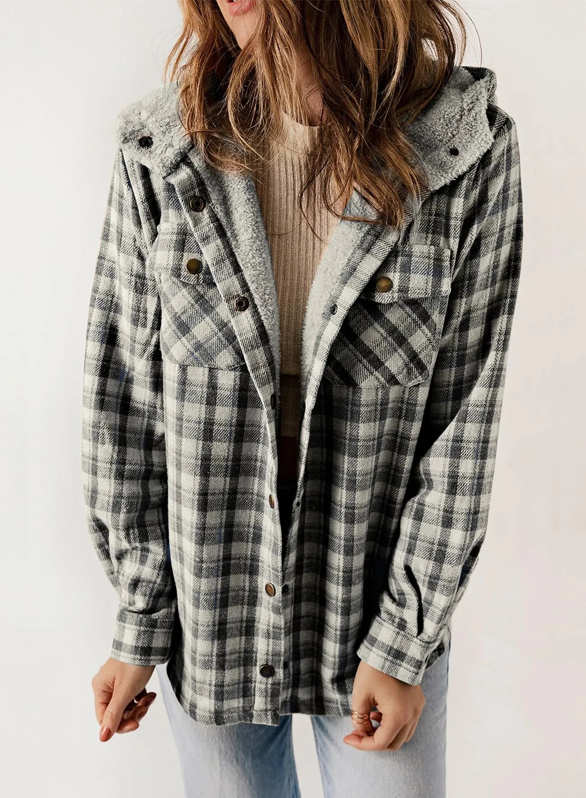 Women's Plaid Long Sleeve Button Fleece Hooded Jacket With Pockets