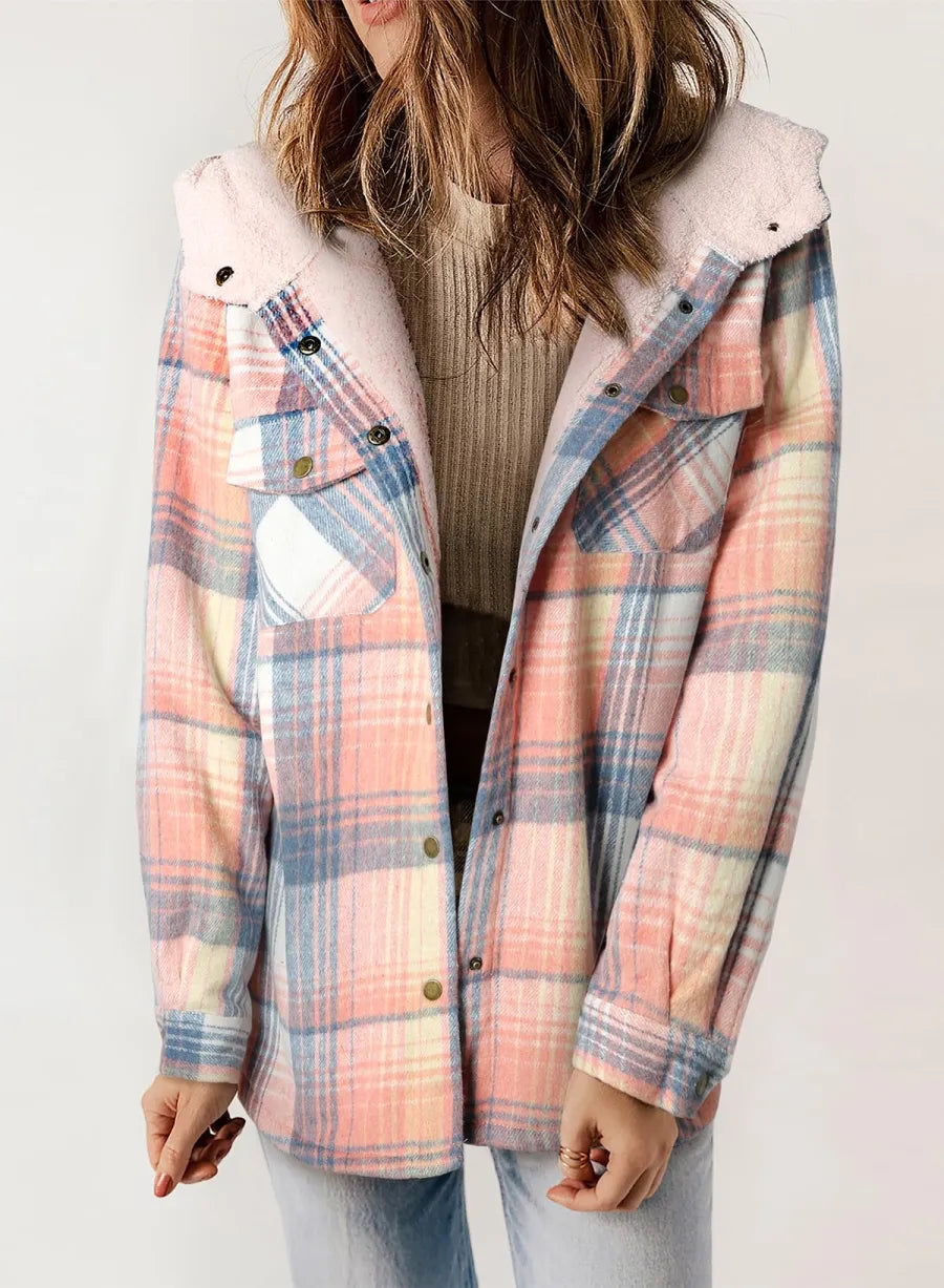 Women's Plaid Long Sleeve Button Fleece Hooded Jacket With Pockets