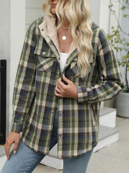 Women's Plaid Long Sleeve Button Fleece Hooded Jacket With Pockets