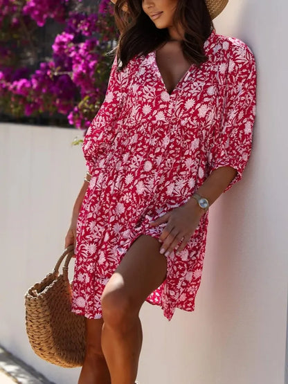 Women's V Neck Half Sleeve Floral Tunic Short Dress