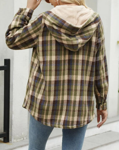 Women's Plaid Long Sleeve Button Fleece Hooded Jacket With Pockets