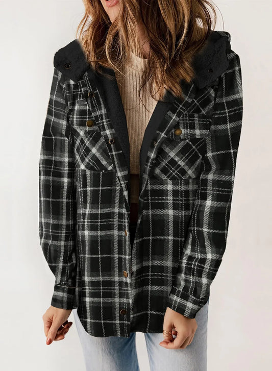 Women's Plaid Long Sleeve Button Fleece Hooded Jacket With Pockets