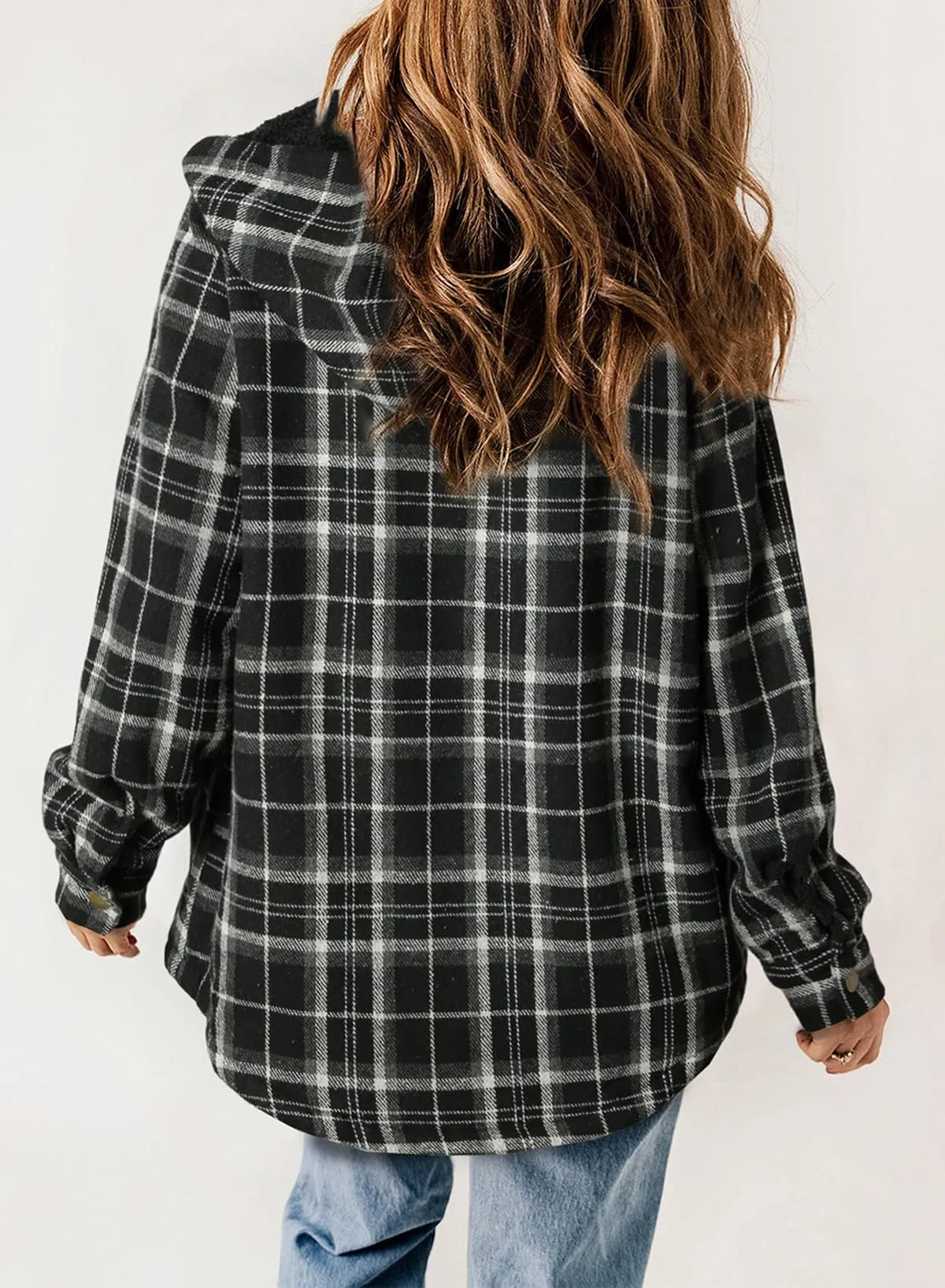 Women's Plaid Long Sleeve Button Fleece Hooded Jacket With Pockets