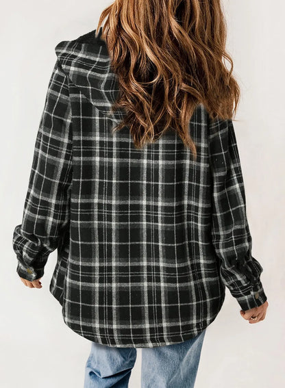 Women's Plaid Long Sleeve Button Fleece Hooded Jacket With Pockets