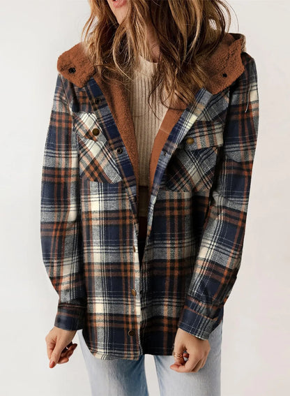 Women's Plaid Long Sleeve Button Fleece Hooded Jacket With Pockets