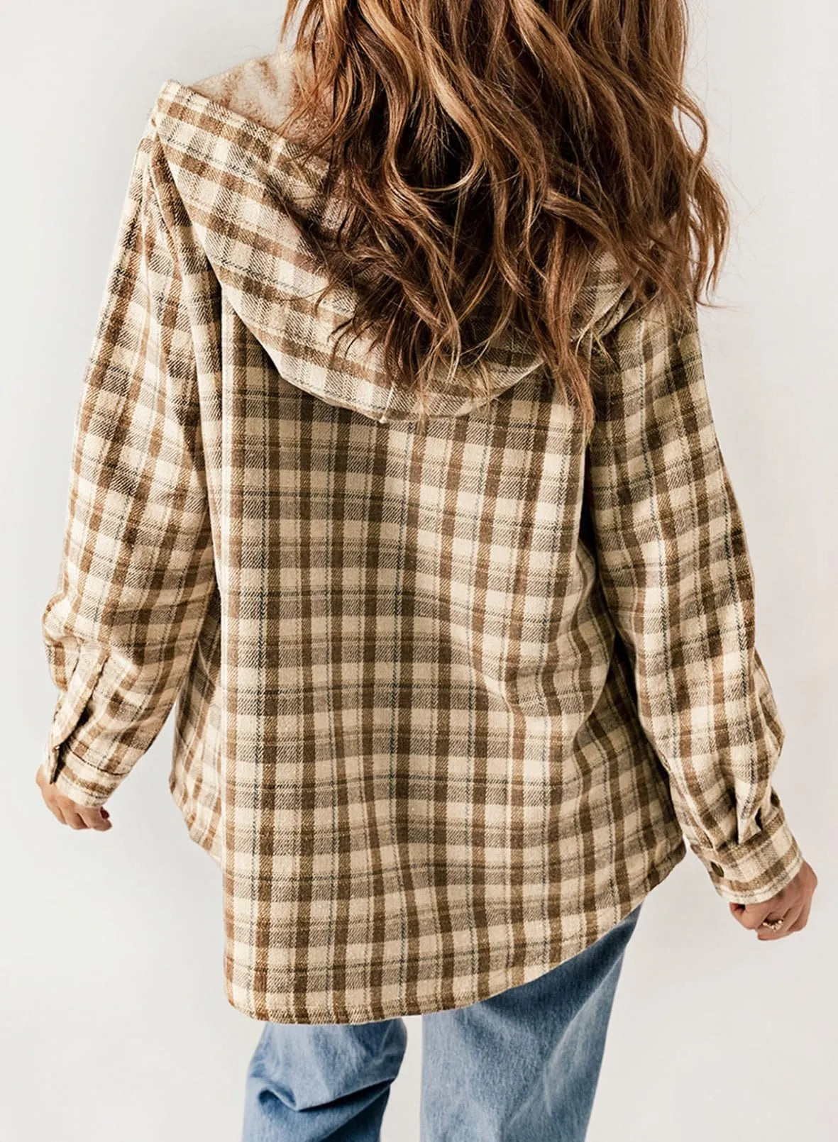 Women's Plaid Long Sleeve Button Fleece Hooded Jacket With Pockets