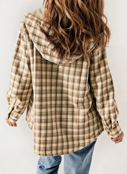 Women's Plaid Long Sleeve Button Fleece Hooded Jacket With Pockets