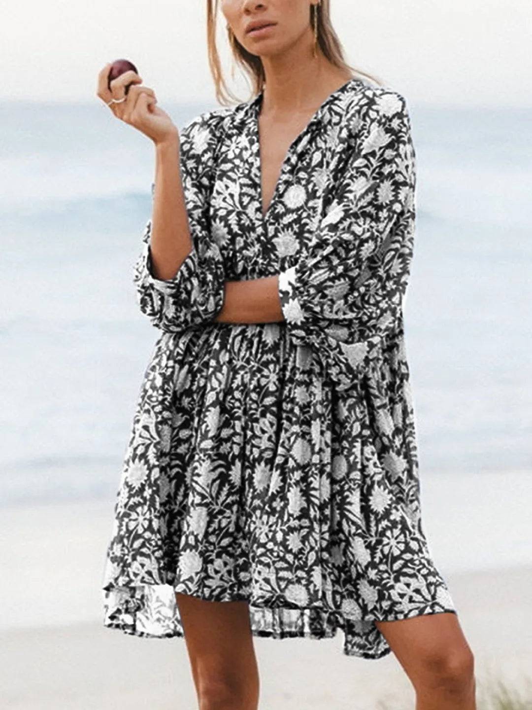 Women's V Neck Half Sleeve Floral Tunic Short Dress