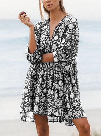 Women's V Neck Half Sleeve Floral Tunic Short Dress