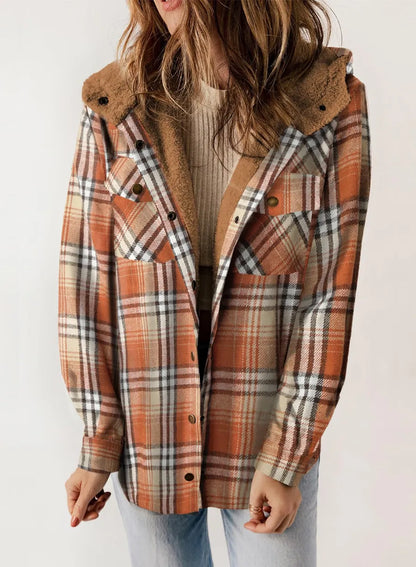 Women's Plaid Long Sleeve Button Fleece Hooded Jacket With Pockets