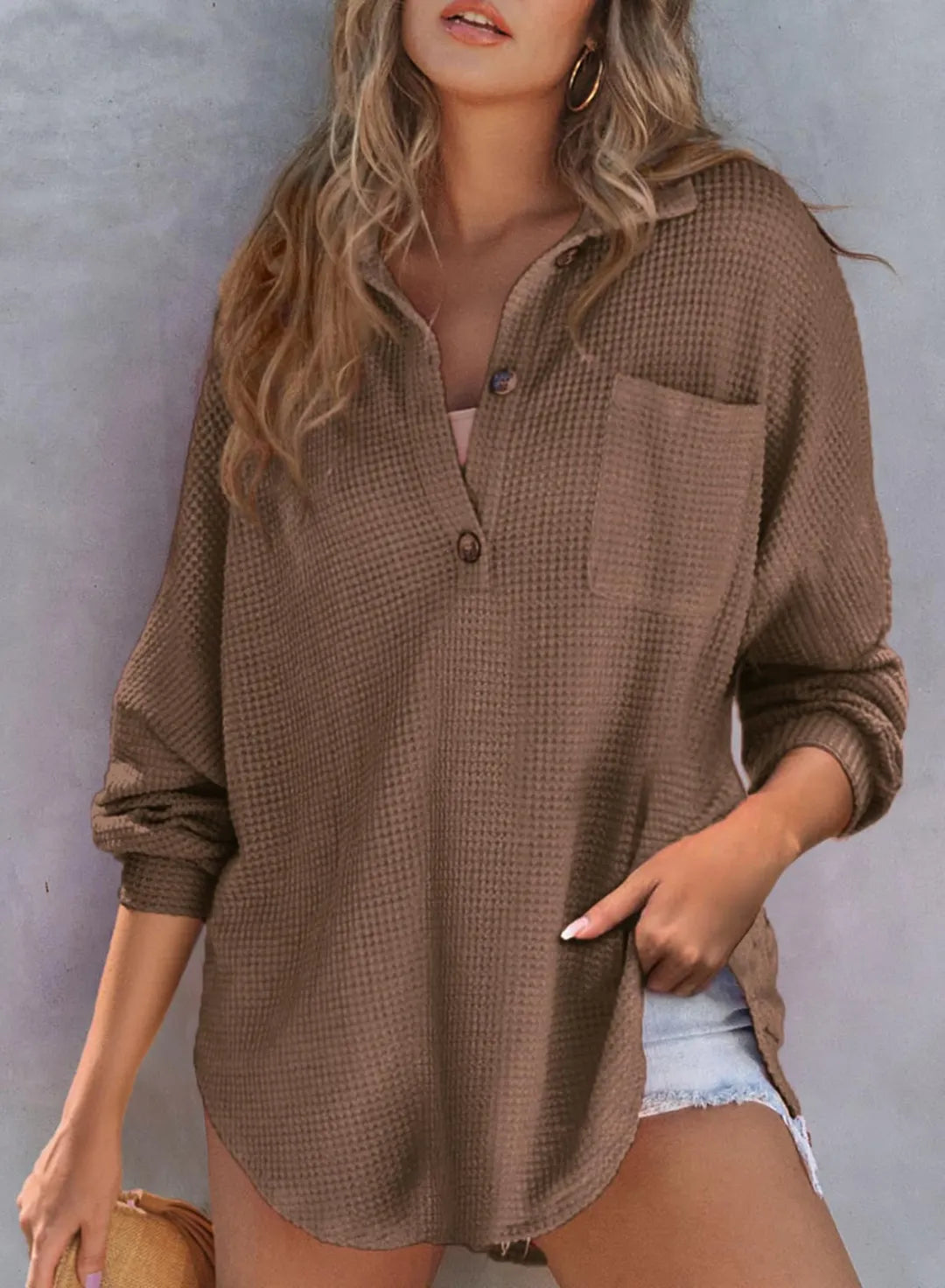 Women's Waffle Knit Long Sleeve Sweatshirt